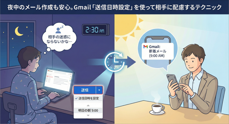 夜中のメール作成も安心。Gmail「送信日時設定」を使って相手に配慮するテクニック
