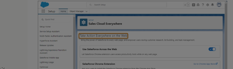 Sales Cloud Everywhere のSetup画面。左メニューからSales Cloud Everywhereを選択し、各機能のトグルを有効化している画面