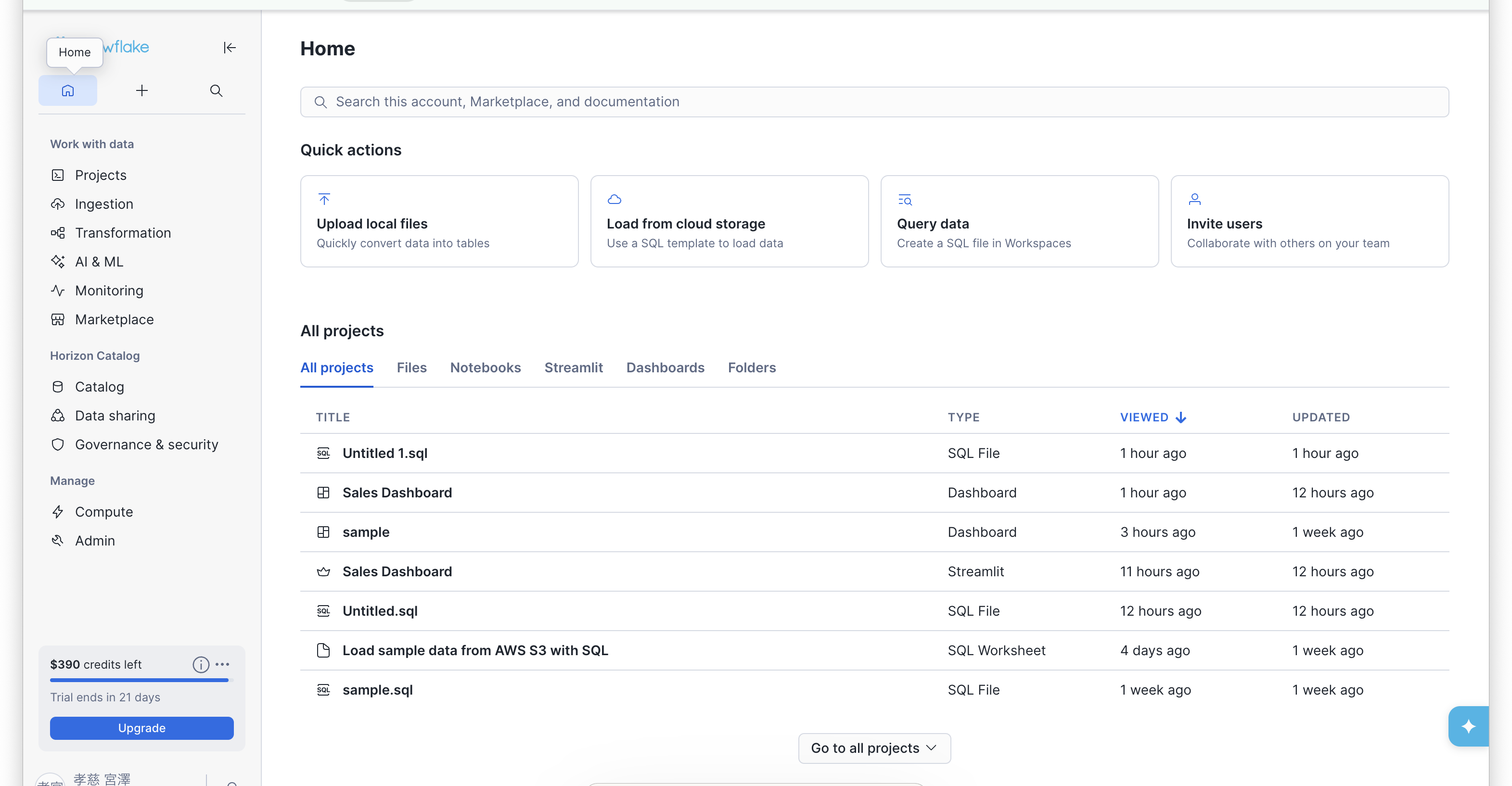 Snowflakeのホーム画面。左サイドバーにProjects、Ingestion、AI & ML、Marketplaceなどの主要メニューが並ぶ