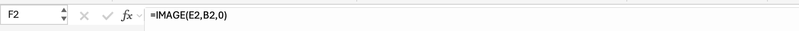 Excel 数式バーに =IMAGE(E2,B2,0) が表示されている