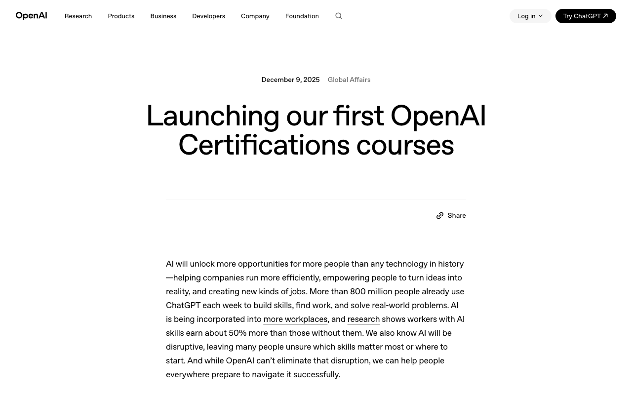 OpenAI Certifications courses 公式ページ