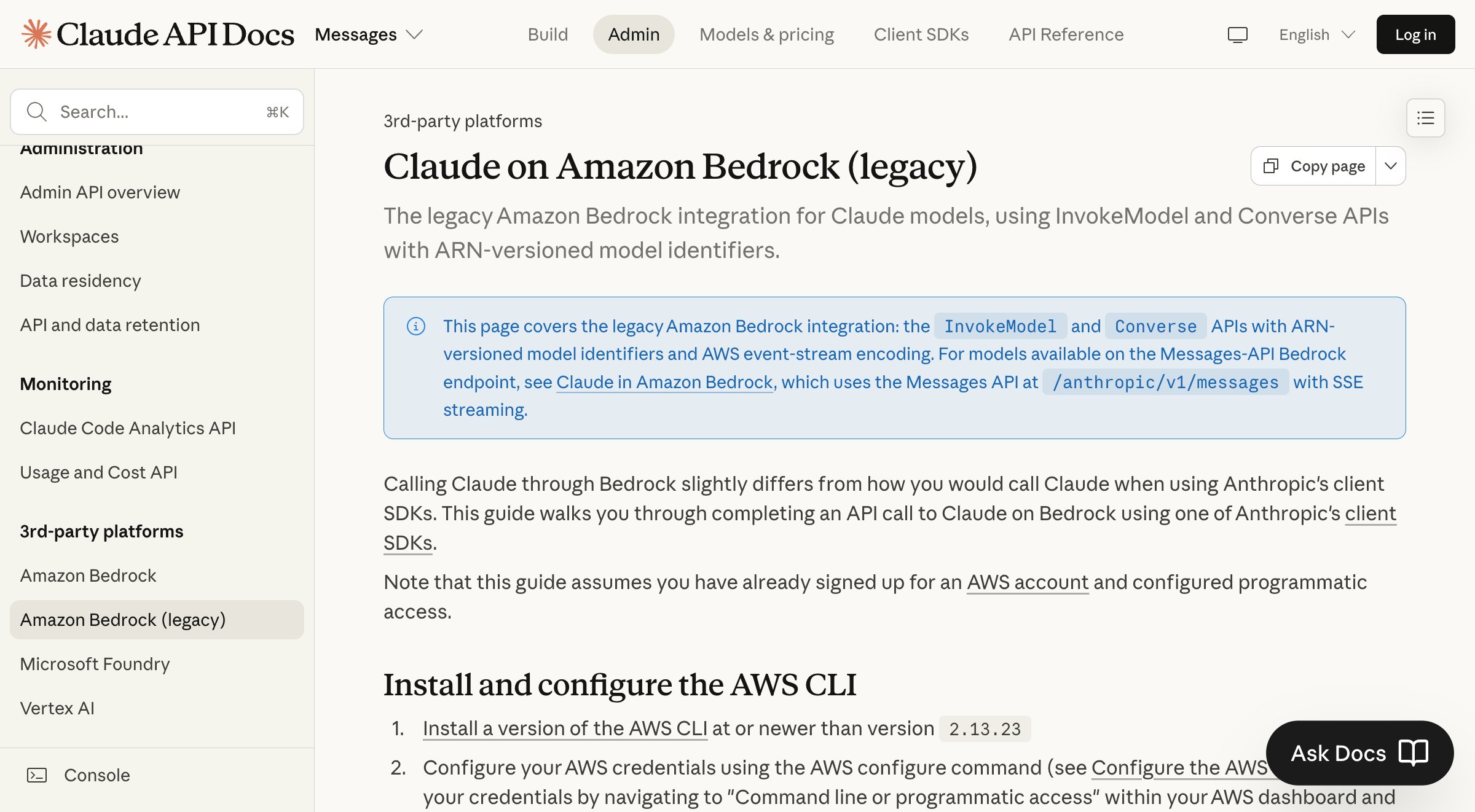 Claude API Docs - Amazon Bedrock の Claudeページ