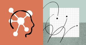 Abstract split composition: left half orange with a white molecular-like diagram; right half pale green with a white grid square and black scribbles over a dotted background.