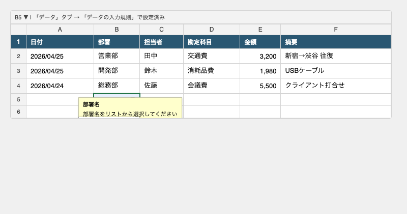 Excelのプルダウンリスト — セル選択時に入力メッセージと選択肢が表示される