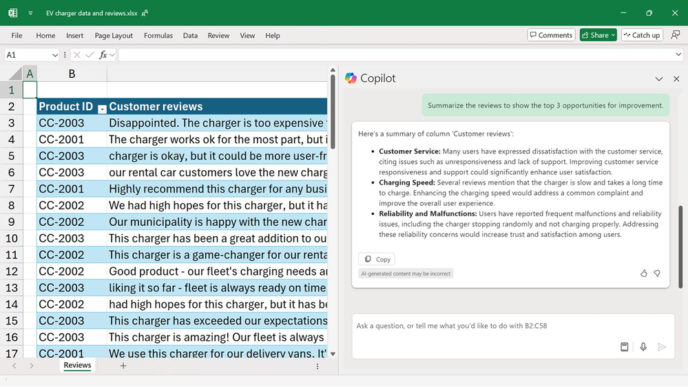 Copilotがレビューデータを分析して要約する画面