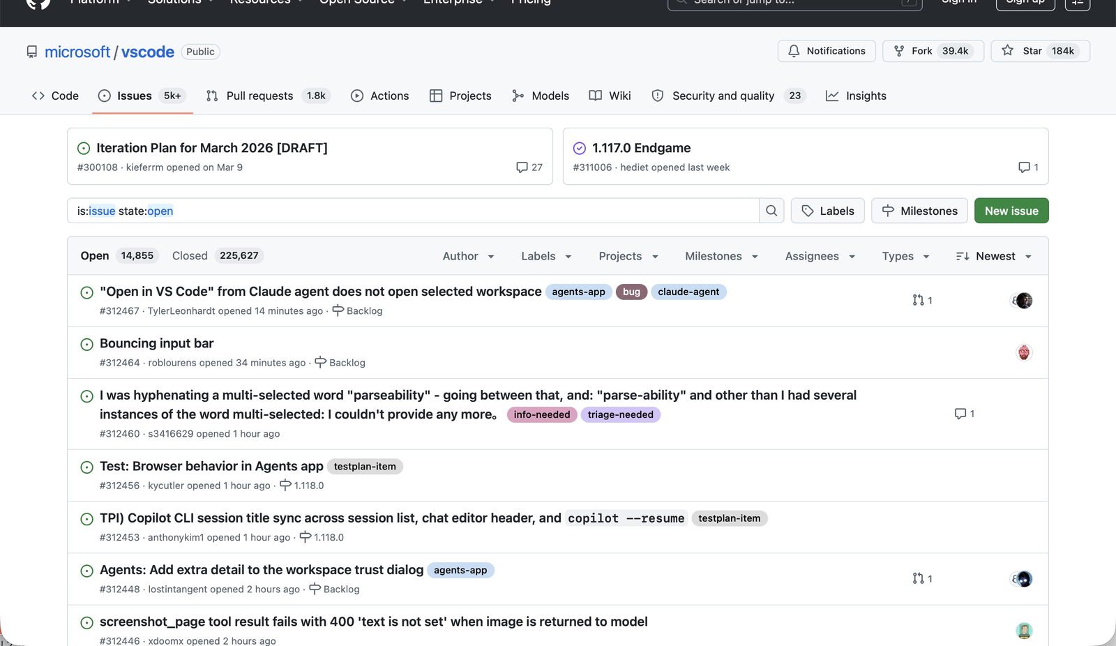 microsoft/vscode リポジトリの Issue 一覧