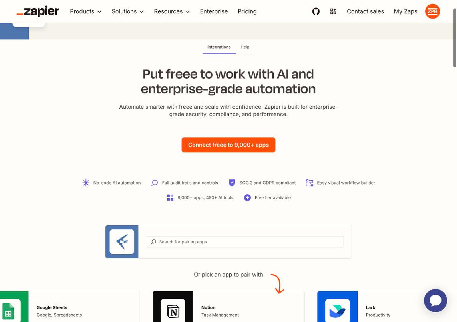 Zapier 公式の freee Integrations ページ。Connect freee to 9,000+ apps、SOC 2 / GDPR 準拠、450+ AI tools などが表示。