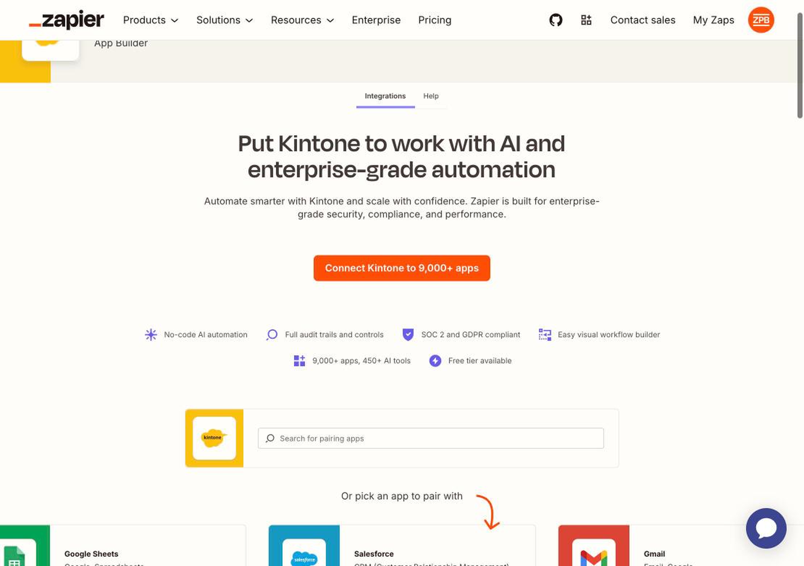 Zapier 公式の Kintone Integrations ページ。"Put Kintone to work with AI and enterprise-grade automation" のキャッチと「Connect Kintone to 9,000+ apps」ボタン。