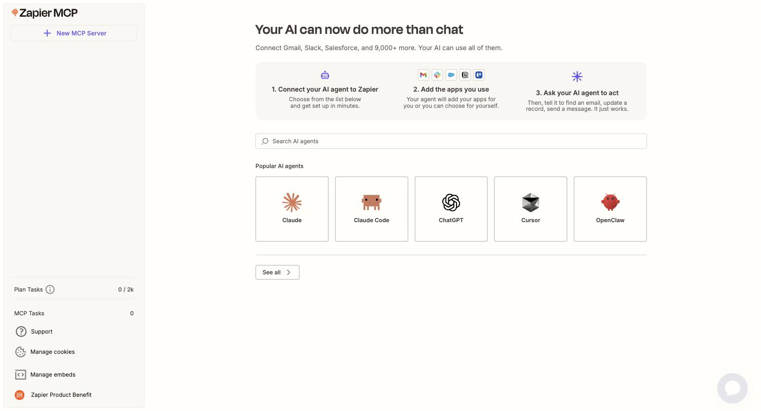 Zapier MCP servers ホーム画面。Popular AI agents として Claude / Claude Code / ChatGPT / Cursor / OpenClaw が並ぶ。