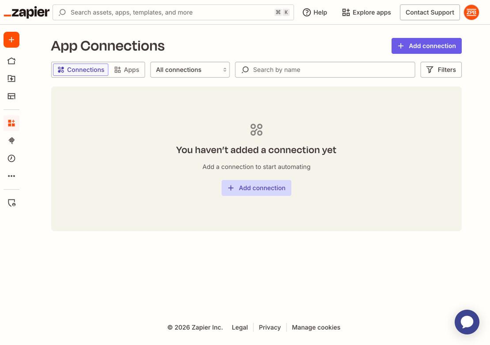 Zapier の App Connections 画面。接続済みアプリの一覧と Add connection ボタンが表示される。
