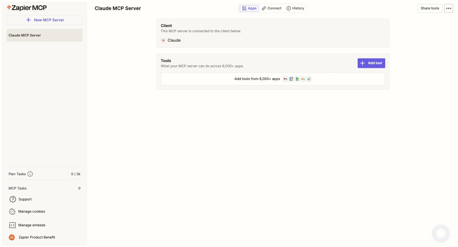 Claude MCP Server 設定画面。Client: Claude が接続済みと表示され、Tools セクションには「8,000+ apps から追加」ボタン。