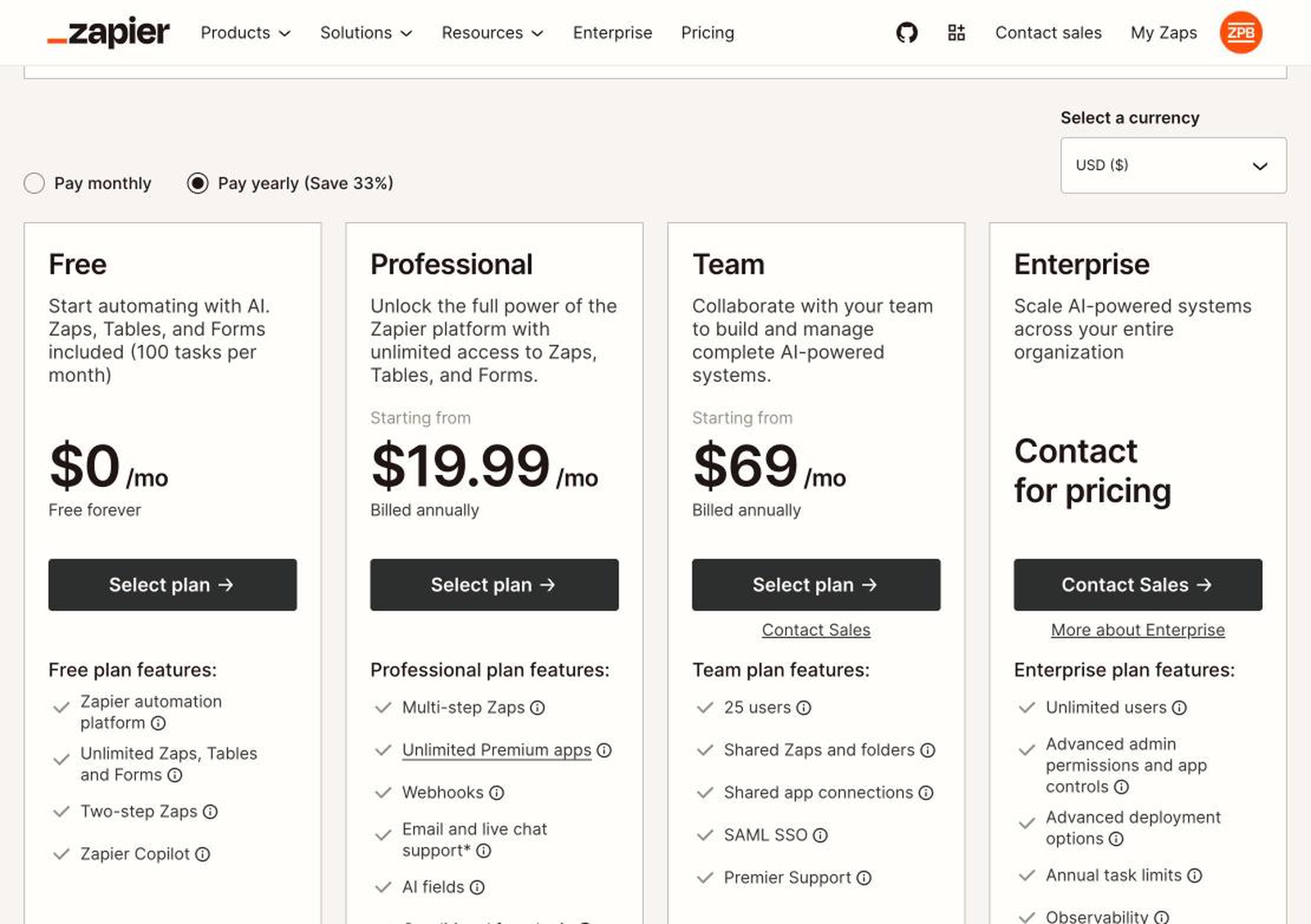 Zapier 公式の Pricing ページ。タスク数スライダーで 100 / 2K / 10K / 100K / 1M / 2M を選択。Pay monthly / Pay yearly（33%引き）切り替え可能。