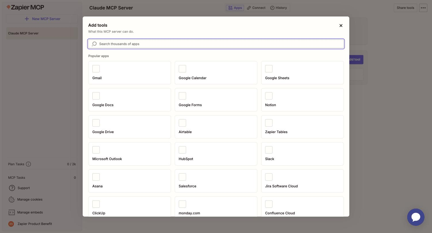 Claude MCP Server の Apps タブ。Add tools セクションで Popular apps（Gmail / Slack / Salesforce / Notion 等）を選択可能。