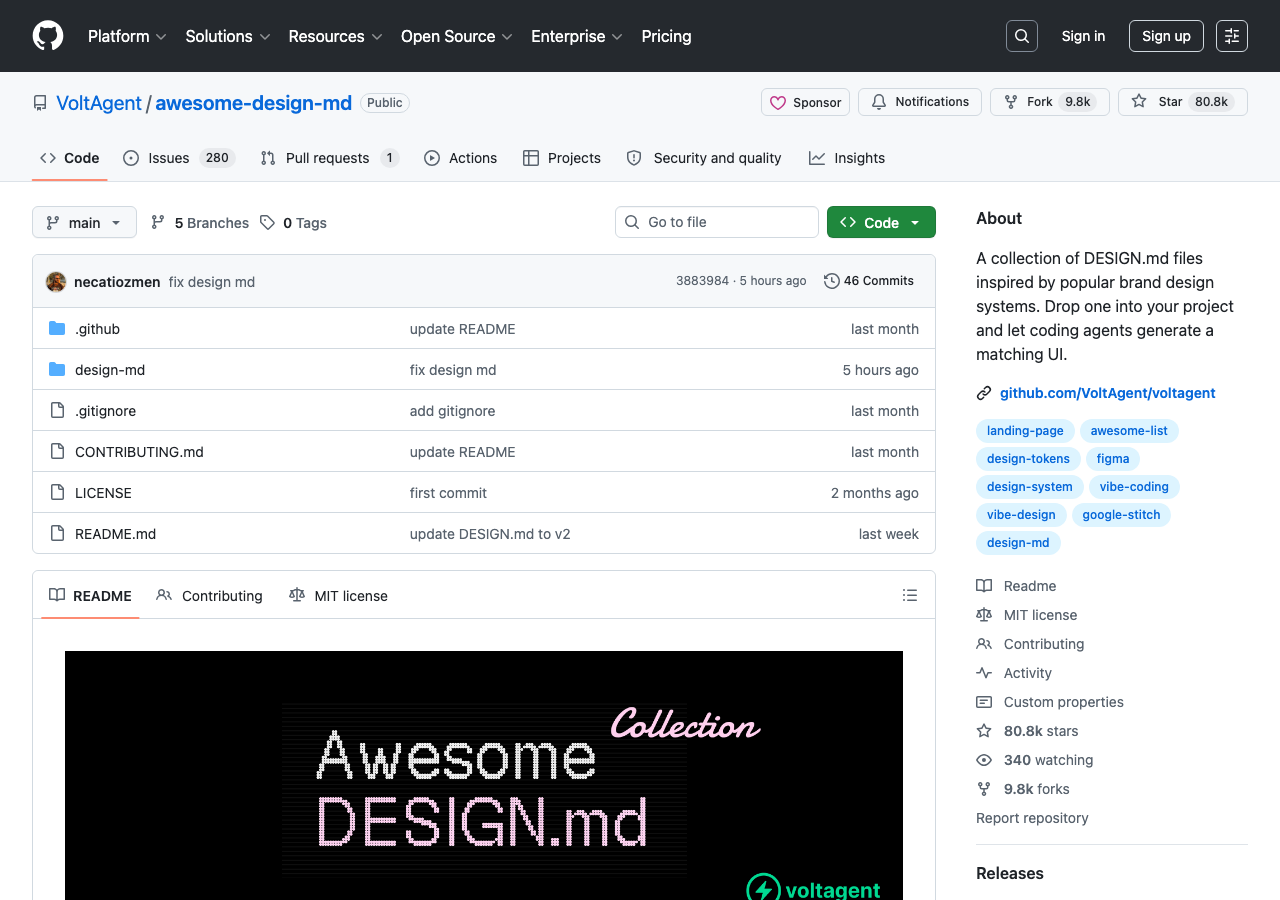 VoltAgent/awesome-design-md の GitHub リポジトリ。スター数 80,800 超。