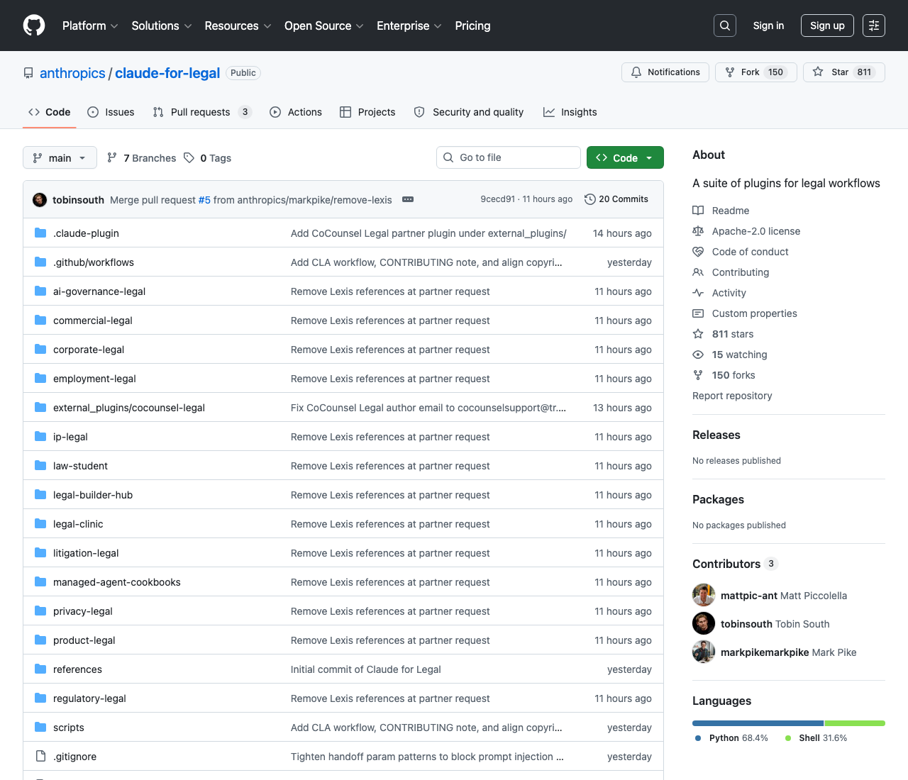 anthropics/claude-for-legal リポジトリのGitHubページ。12プラグインのフォルダ構成が並ぶ