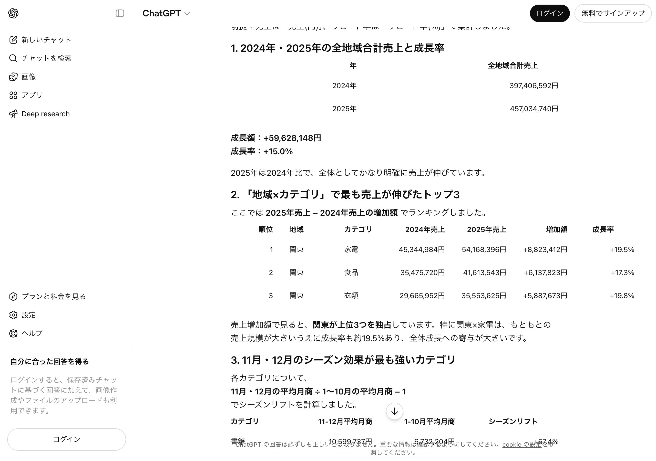 ChatGPT for Excel 実機検証画面：質問と「思考時間 3m 53s」、結果①年次成長率テーブル（2024年397,406,592円→2025年457,034,740円、+15.0%）