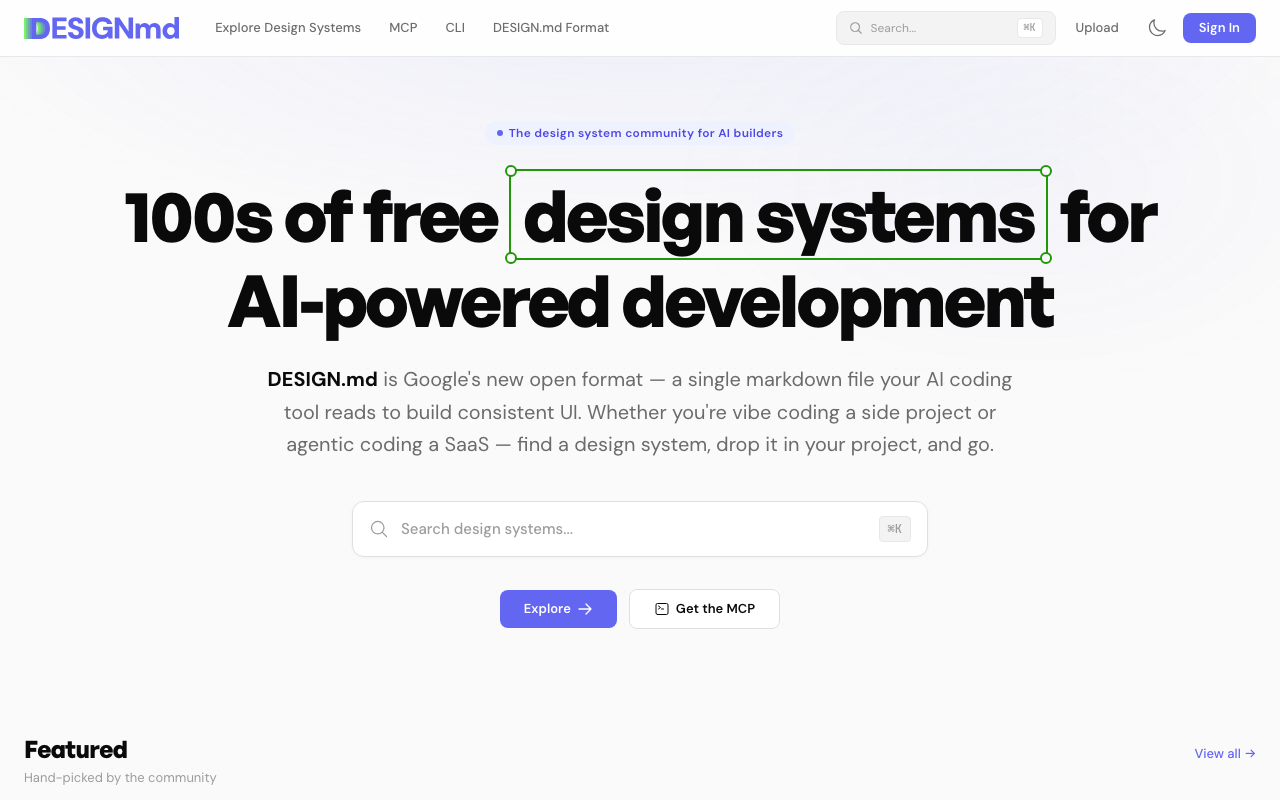 designmd.ai のトップ画面。100種類以上のDESIGN.mdテンプレートを検索・ダウンロードできる。