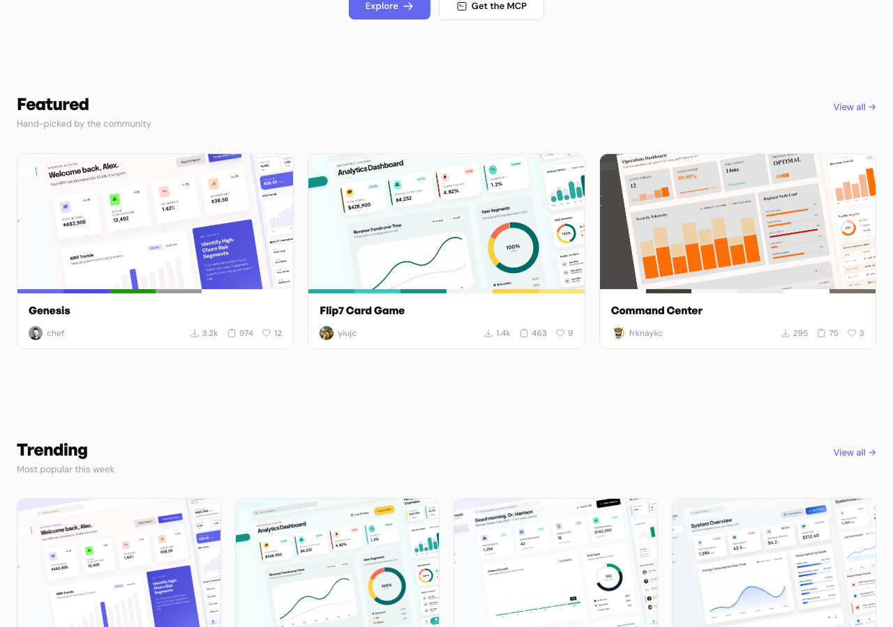designmd.ai のテンプレート一覧。Featured セクションと Trending セクションにUIデザインのプレビューが並ぶ。