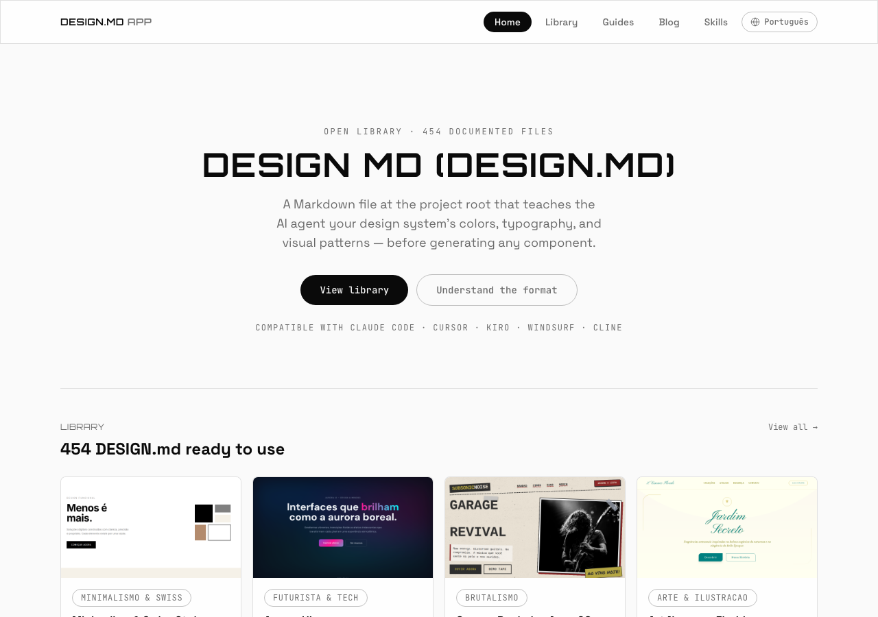 designmd.app のトップ画面。「454 DESIGN.md ready to use」のコピーと、ライブラリから選べるデザインシステムのプレビューが並ぶ。