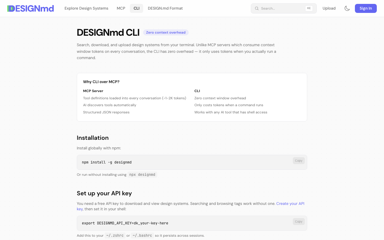designmd.ai の CLI ページ。npm install -g designmd または npx designmd でインストールできる。