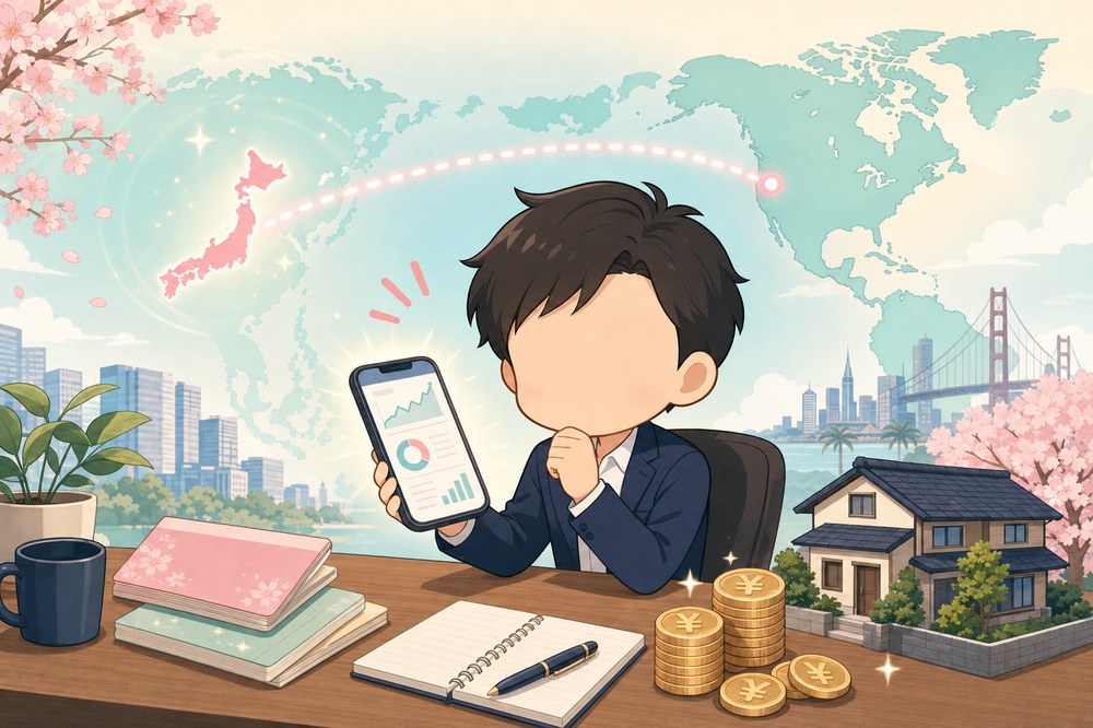 日本のユーザーがChatGPT Finances 機能の日本展開を待っているイメージ。スマホに家計のグラフが映っており、背景に日米をつなぐ点線が描かれている