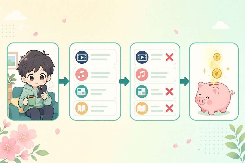 ChatGPT Finances でサブスクリプションの解約候補を見つけるフロー。スマホでChatGPTに相談→契約中サービス一覧→不要なものを解約→年間で節約できる金額を表示