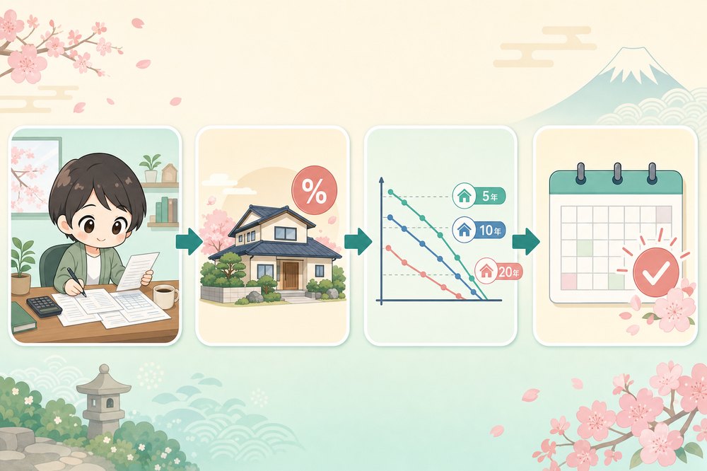 ChatGPT Finances で住宅ローンの繰り上げ返済プランを試算するフロー。書類整理→現在のローン残高と利率→複数の返済シナリオのグラフ→完済時期を比較