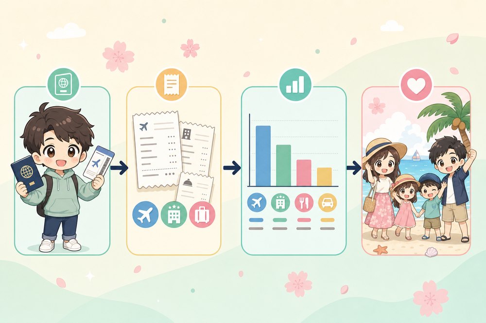 ChatGPT Finances で旅行支出を分析するフロー。パスポート準備→過去の旅行支出の集計→予算配分のグラフ→家族旅行プラン