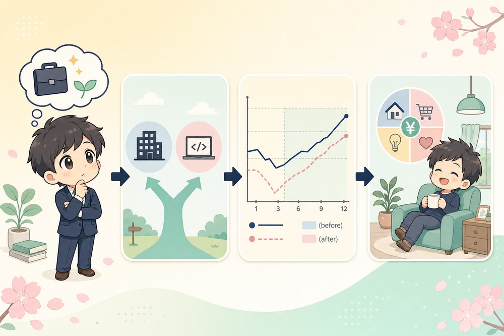 ChatGPT Finances でキャリア変更を試算するフロー。検討→現在と転職後の2つの選択肢→収入推移の比較グラフ→生活が安定するイメージ
