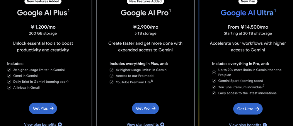 Google AIプラン公式ページの料金表示（Plus 1,200円／Pro 2,900円／Ultra 14,500円〜）