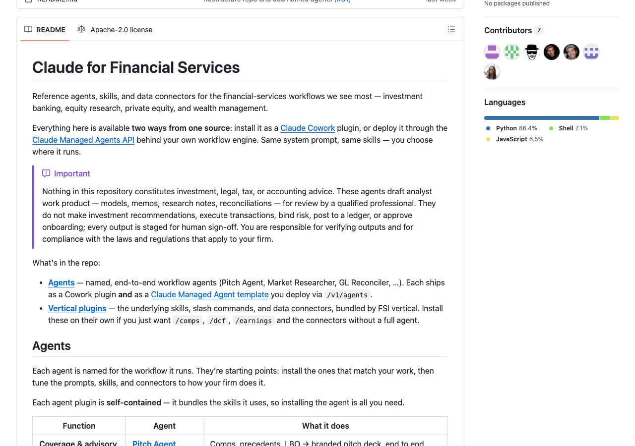 Claude for Financial Services README の Agents セクション