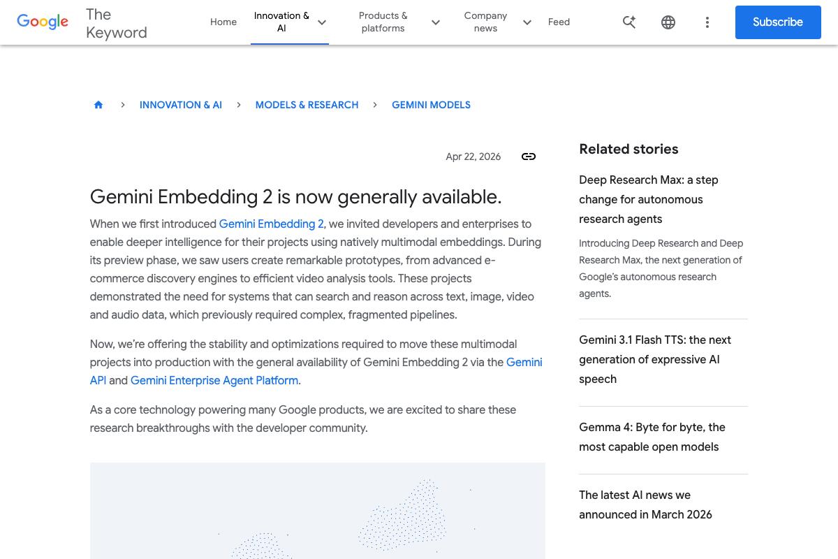 Google公式ブログ — Gemini Embedding 2正式版発表