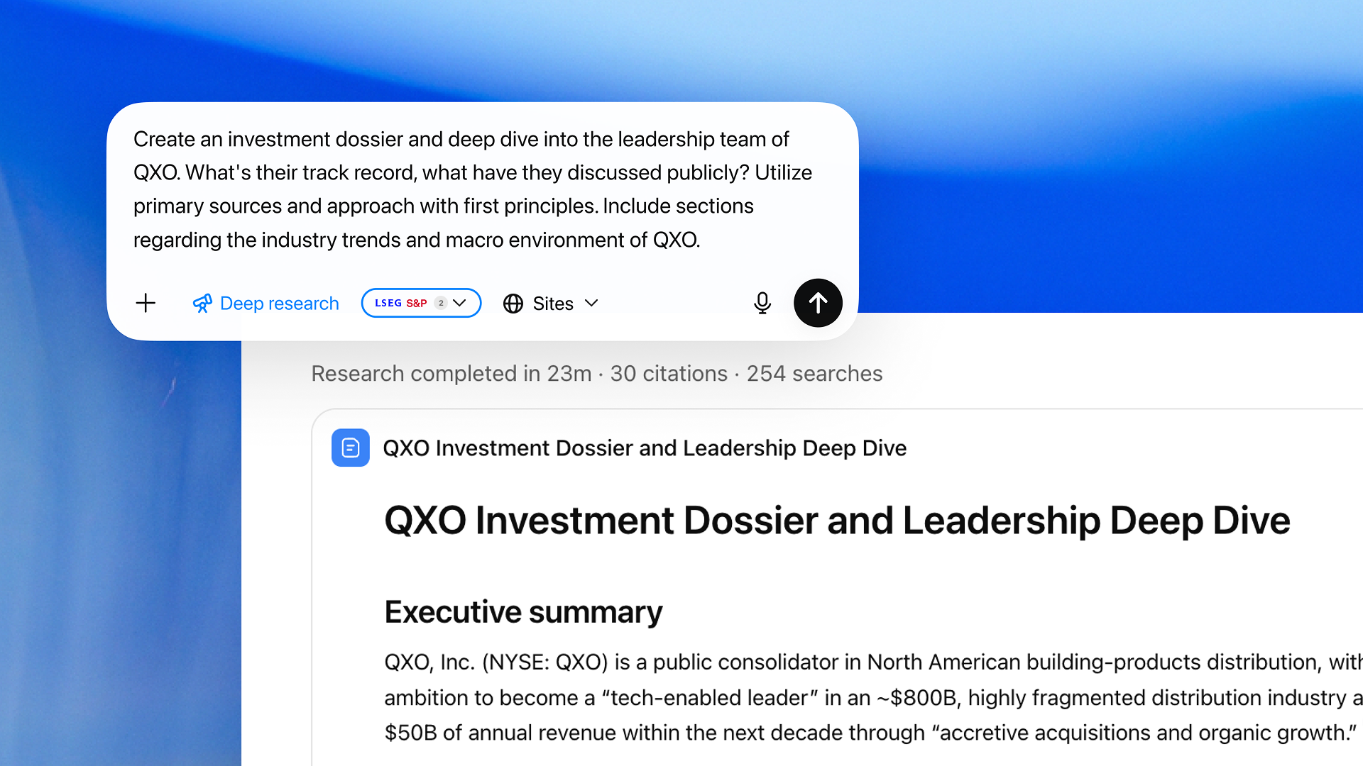 Deep Research に「QXOに関する投資調査レポートを作成」と依頼している画面と、生成された企業ドシエ