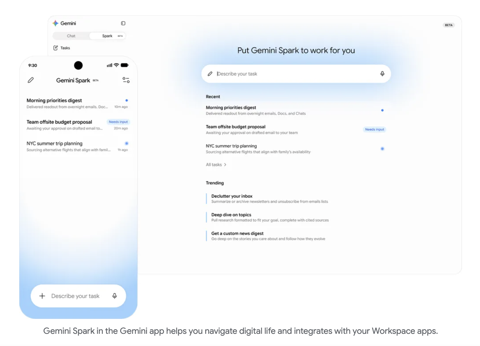 Gemini Spark — タスク管理UIのスクリーンショット（Google公式）