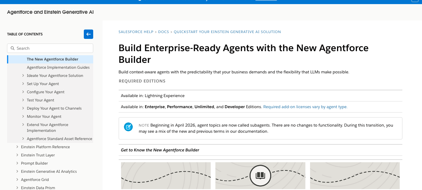 Salesforce 公式ヘルプの新 Agentforce Builder 紹介ページ
