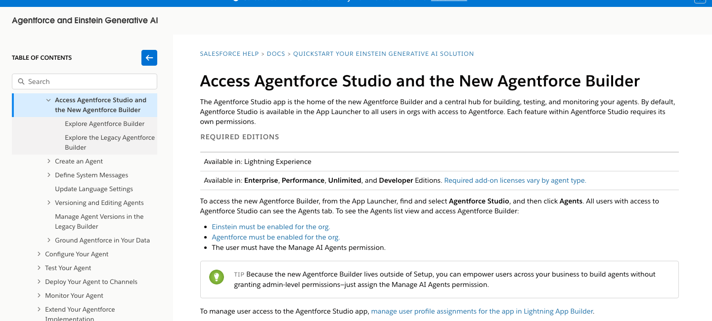 Salesforce 公式ヘルプの Agentforce Studio アクセス方法