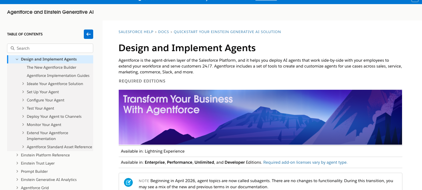 Salesforce 公式ヘルプの Design and Implement Agents ページ