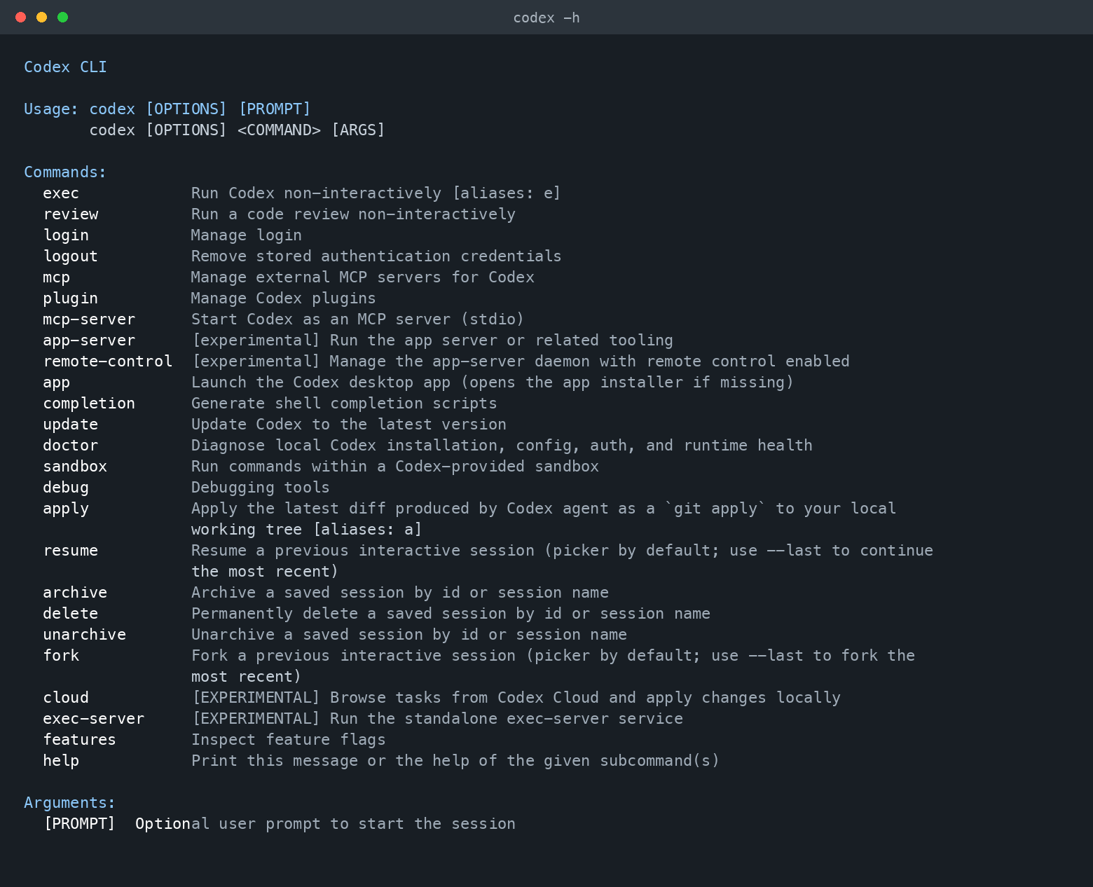codex -h の実際の出力。exec、review、login などのコマンド一覧が表示されている