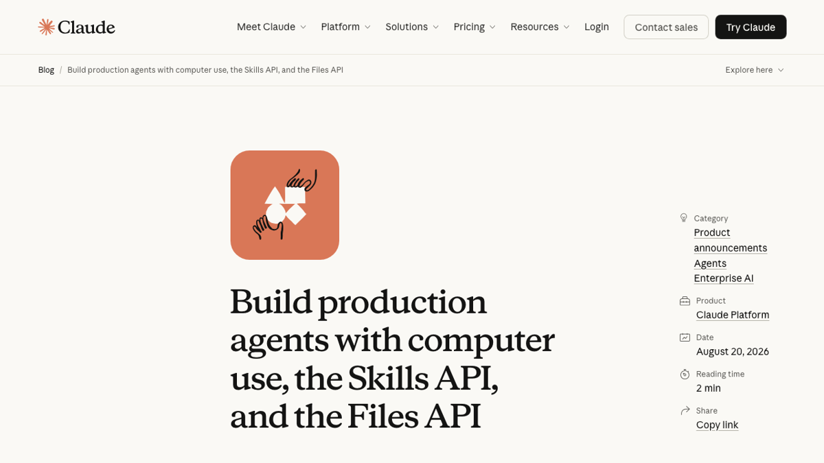 Anthropic 公式ブログ「Computer use, Skills API, and Files API are now generally available」の冒頭画面