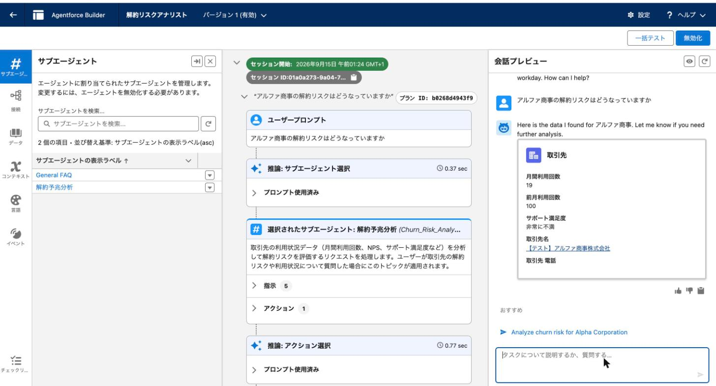 エージェントビルダーの会話プレビュー。解約リスクを尋ねると、トピック解約予兆分析が選ばれ、取引先の月間利用回数19、前月100、サポート満足度が返っている