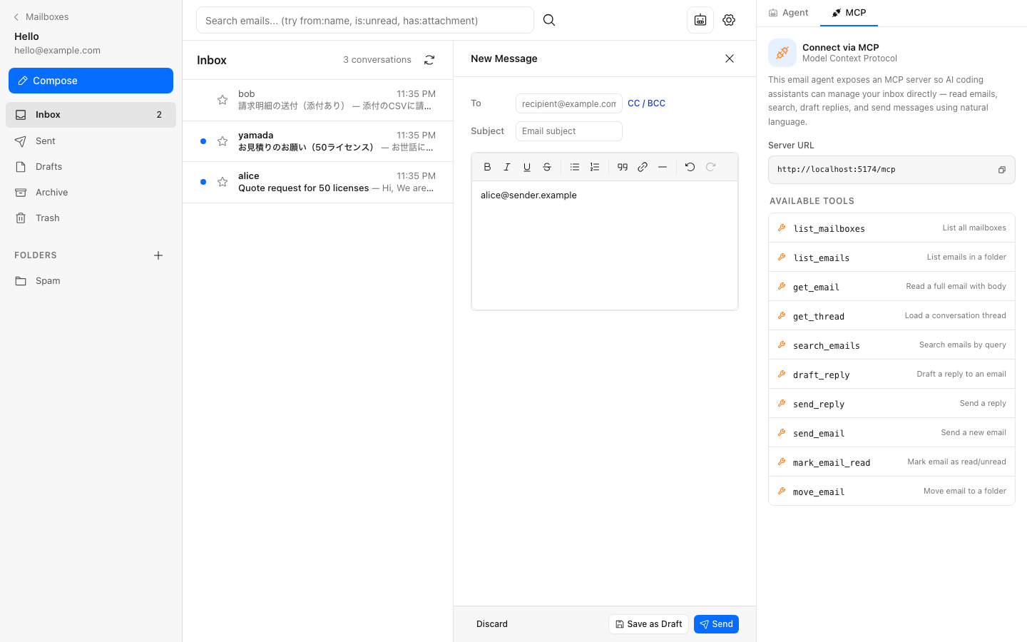 Agentic Inbox の MCP タブ。Connect via MCP の見出しの下にサーバー URL http://localhost:5174/mcp と、利用できる 10 個のツール（list_mailboxes、list_emails、get_email、get_thread、search_emails、draft_reply、send_reply、send_email、mark_email_read、move_email）が並ぶ。中央には新規メール作成の画面が開いている。