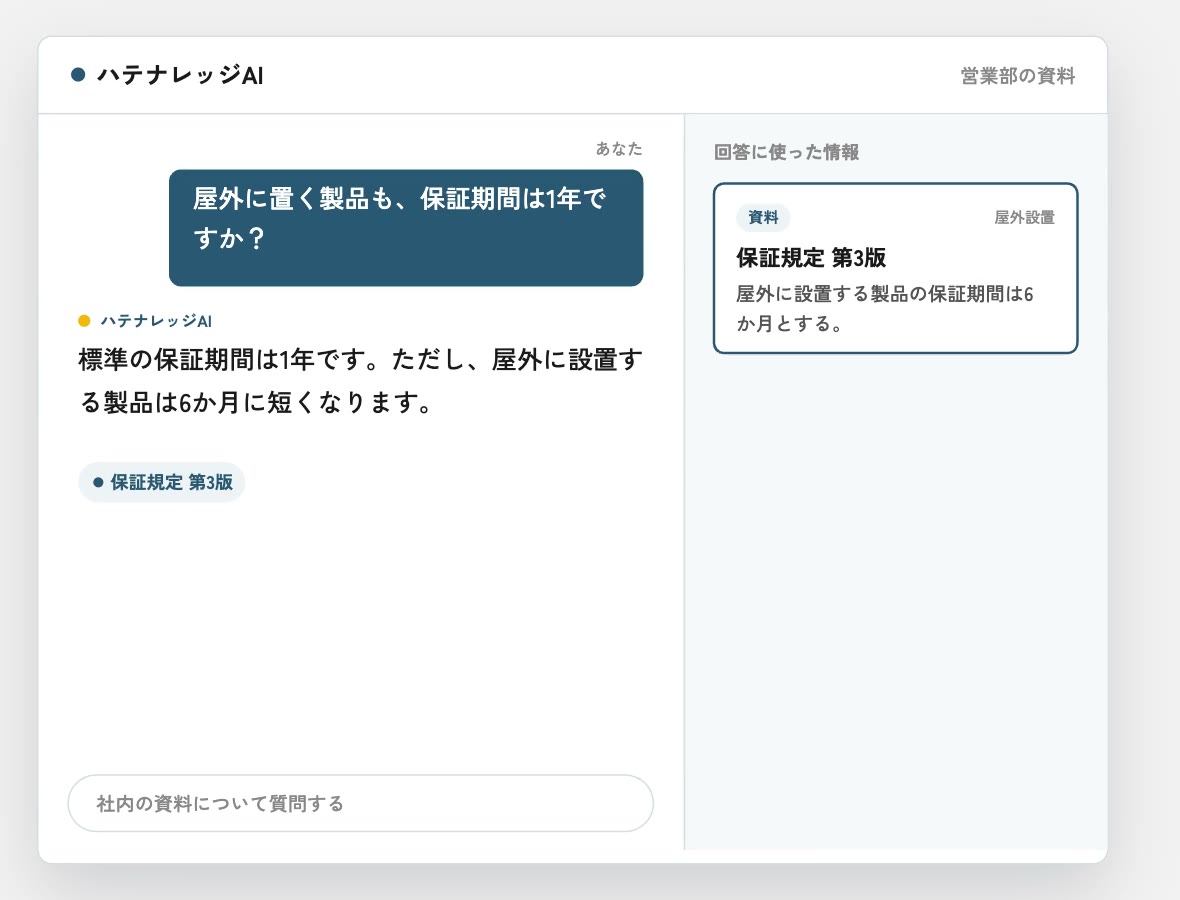 質問への回答の下に、根拠にした保証規定の名前が表示されている画面