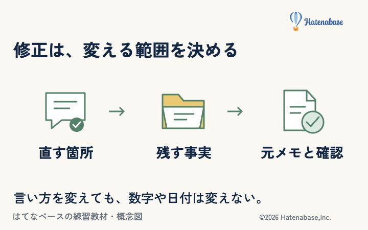 直す箇所と変えない事実を指定し、直した後の文章を元メモと見比べる。