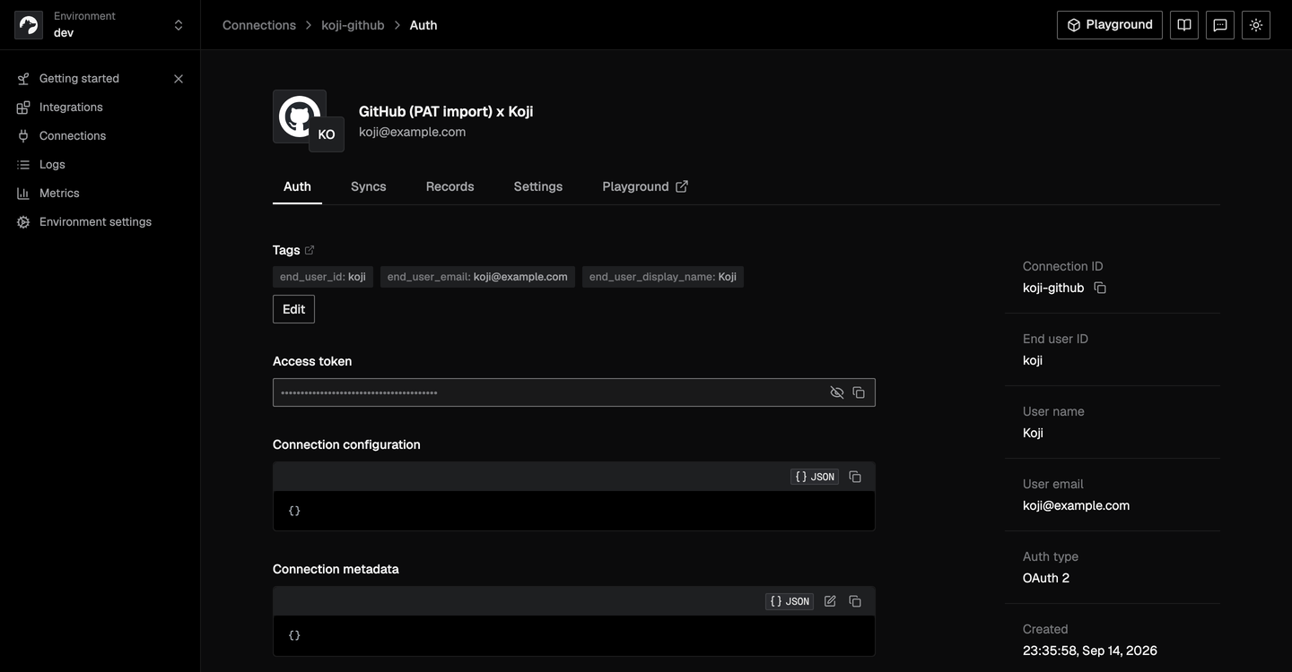 Nango の接続の詳細ページ。GitHub (PAT import) x Koji の見出し、Auth タブに end_user_id と end_user_email と end_user_display_name のタグ、伏せ字のアクセストークン、空の接続設定とメタデータ、右の欄に Connection ID koji-github、Auth type OAuth 2、作成日時が表示されている。