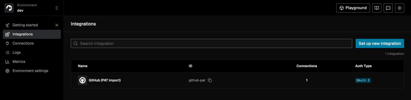 Nango の管理画面の Integrations ページ。左にメニュー（Getting started、Integrations、Connections、Logs、Metrics、Environment settings）、中央の一覧に GitHub (PAT import) が 1 件、ID は github-pat、接続数 1、Auth Type は OAuth 2 と表示されている。