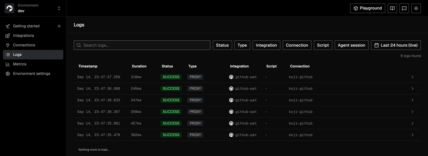 Nango の管理画面の Logs ページ。6 件のログが並び、いずれも Status が SUCCESS、Type が PROXY、Integration が github-pat、Connection が koji-github。Duration は 245 ミリ秒から 457 ミリ秒。