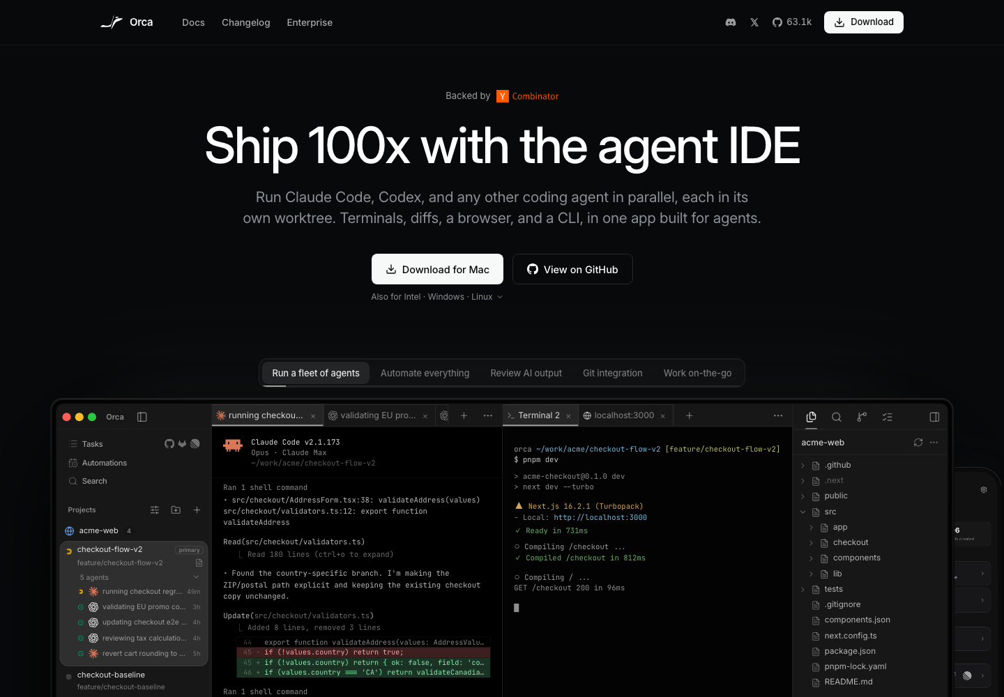 Orca 公式サイトのトップページ。黒い背景に「Ship 100x with the agent IDE」という大きな英語見出しがあり、その下に Claude Code や Codex を並行で動かせる旨の説明文、Download for Mac と View on GitHub のボタンが並ぶ。上部に Y Combinator の出資を示す表示。ページ下部にアプリの実画面が置かれ、左側に作業の一覧(checkout-flow-v2 の下に5体のエージェントの実行状況が並ぶ)、中央に Claude Code の実行ログとソースの差分、右側にコマンドを打つ端末とファイル一覧が表示されている
