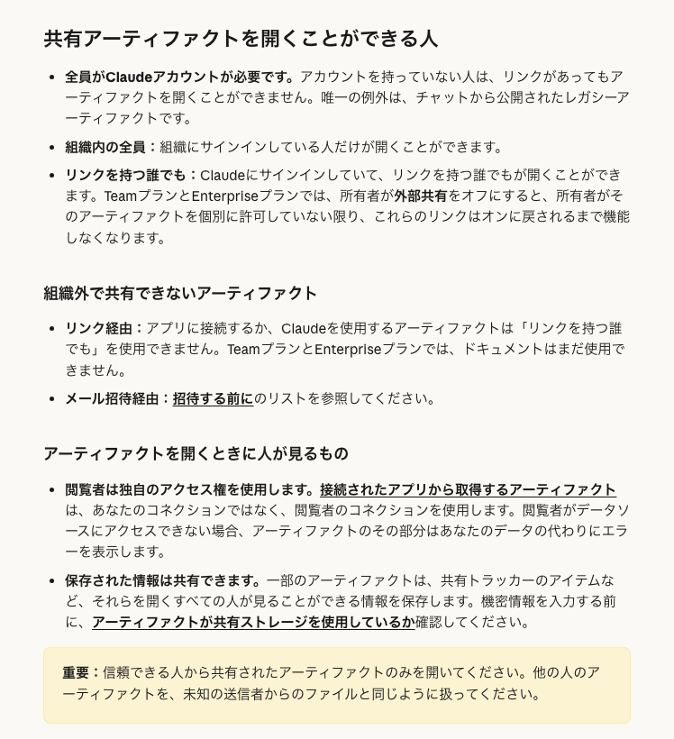 ヘルプセンター日本語版「アーティファクトを共有する」の、共有アーティファクトを開くことができる人、組織外で共有できないアーティファクト、アーティファクトを開くときに人が見るものの節。