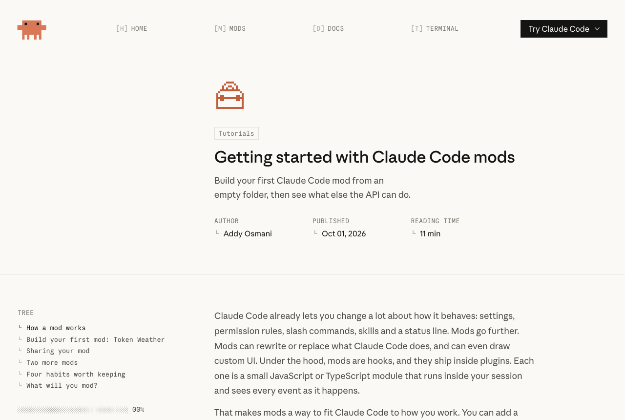 claude.dev のブログ記事「Getting started with Claude Code mods」の冒頭。著者と公開日、目次がある。