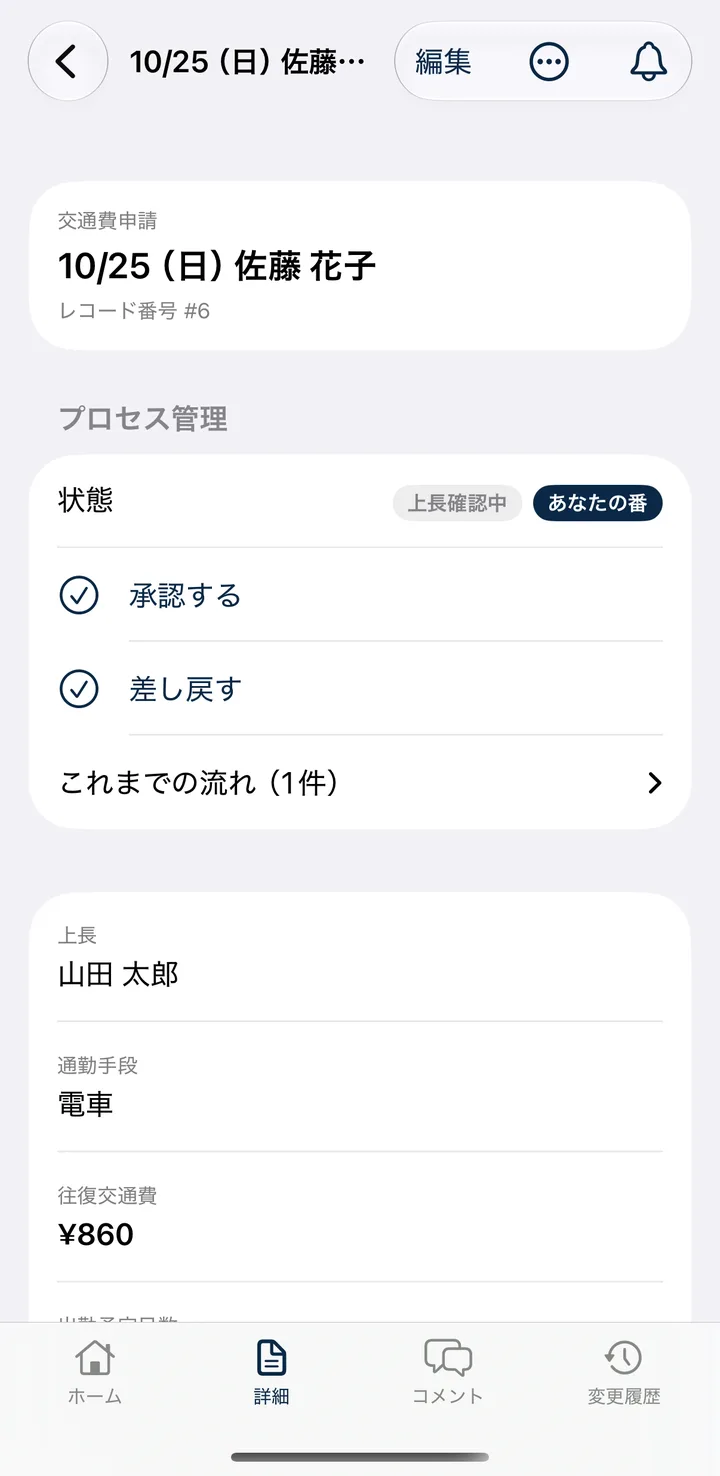佐藤 花子さんの交通費申請を、承認する山田 太郎さんが開いた詳細の画面。見出しは10/25（日）佐藤 花子。プロセス管理の欄に、状態として上長確認中と、あなたの番の表示があり、その下に承認すると差し戻すのボタンと、これまでの流れ（1件）が並ぶ